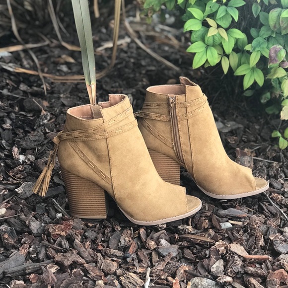 Shoes - Moss tassel wrapped peep toe suede booties